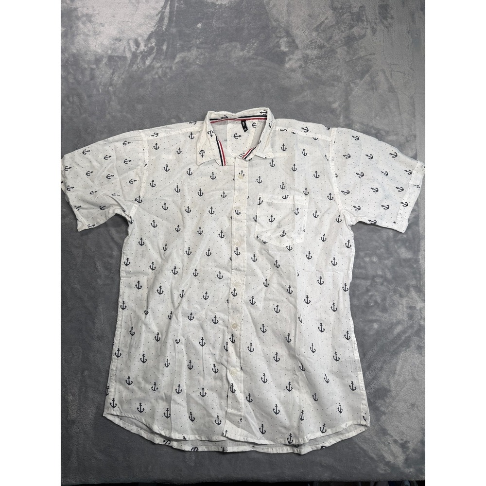 Toku Button Up Shirt Mens XL White Anchor Polka Dot Cotton Short Sleeve
